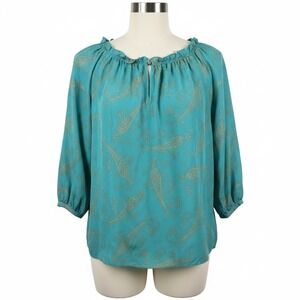 Chaps Blouse M NWT Gold Metallic Paisley Peasant Top Teal Swirl Smocked Boho